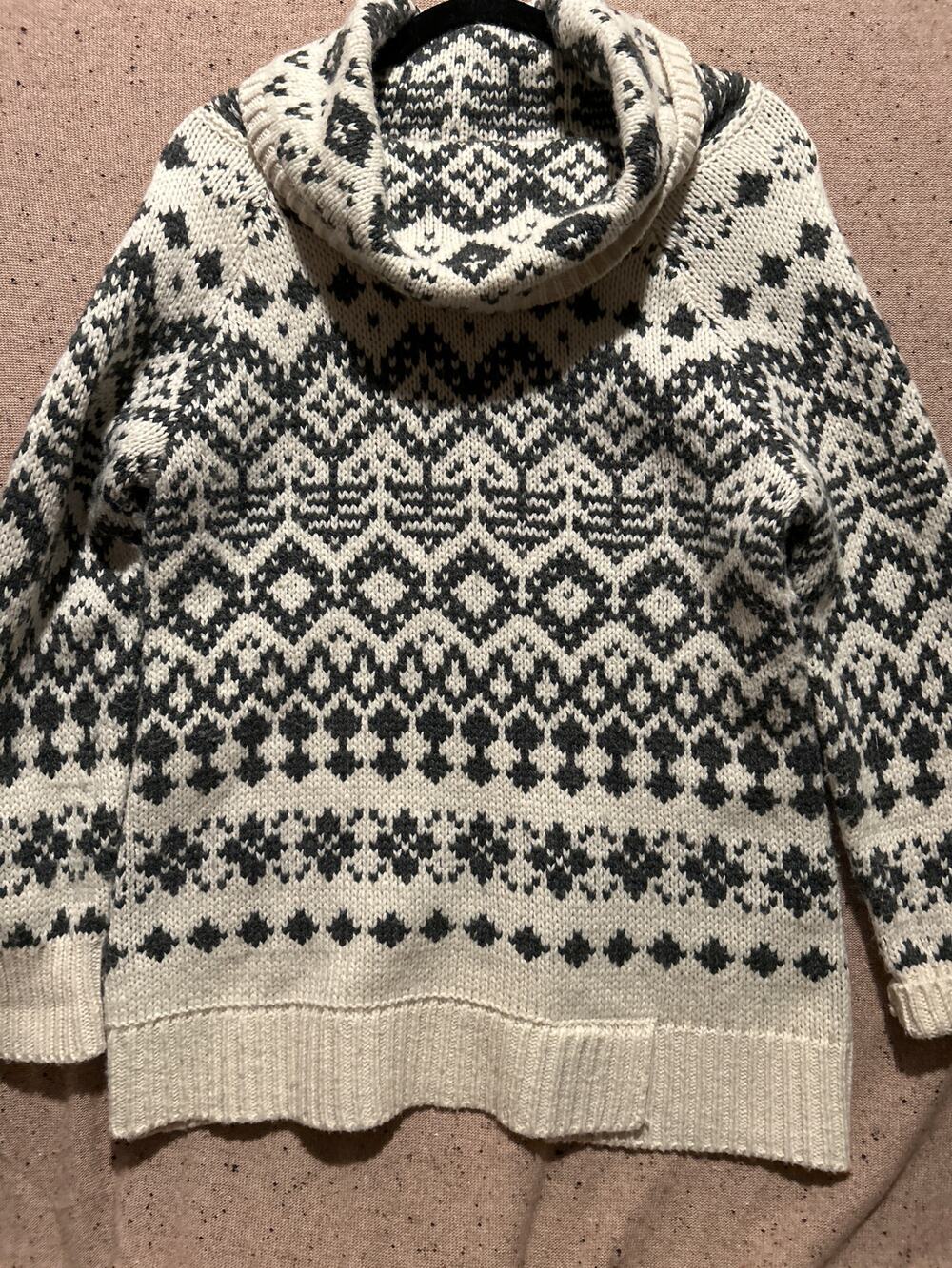 Nordic Scandi Fair Isle Wool Blend Cowl Neck Tunic Length Sweater XL Chunky